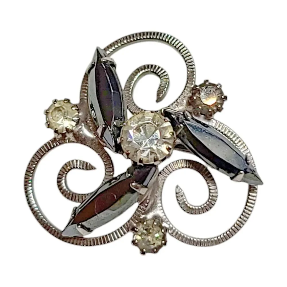 Vtg Black Marquise & Clear Round Rhinestone Scroll Work Brooch Pin Silver Tone